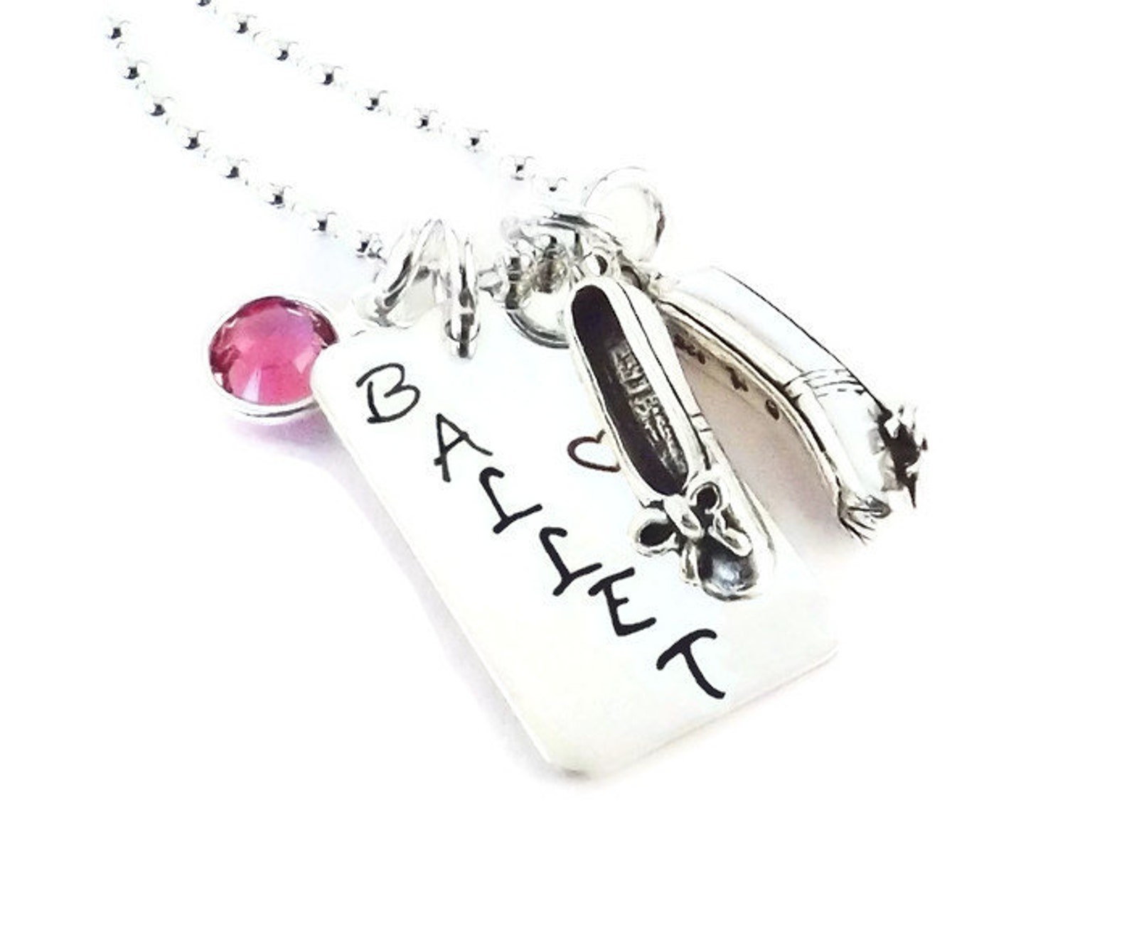 ballet ballerina charm necklace, ballerina necklace with dance shoes charm and swarovski crystal birthstone