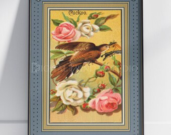 Floral Cuckoo Bird Print | Antique Allen Ginter Bird Art | 1880s Vintage Tobacco Card Illustration | Yellow Botanical Wall | Cuckoo Decor