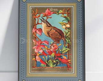 Vintage Wren Bird Print | 1888 Allen Ginter N4 Bird Card Reimagined | Antique Tobacco Card Wall Art | Restored Bird Illustration
