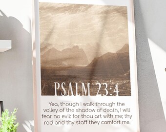 Psalm 23:4 Wall Art | “I Will Fear No Evil” KJV Scripture Print | Vintage Bible Verse Art | Christian Home Decor | Printable Religious Art
