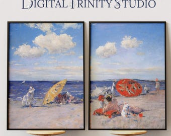 Seaside Diptych | 1892 Beach Scene Oil Painting by Chase | 2 Panel Coastal Wall Art | Vintage Ocean Digital Download | Nautical Wall Decor