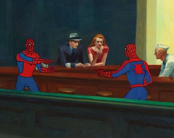 Spiderman Meme Nighthawks Parody: Edward Hopper Oil Painting (Digital Art Printable)