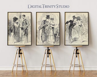 French Dancers Triptych | 1800s Vintage Dance Prints | Romantic Ballet & Ballroom Wall Art Set of 3 | Antique Line Art Decor
