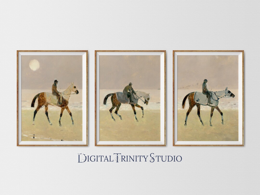 Riders on the Beach Triptych | 3 Horse Wall Art Panels | Vintage ...