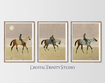 Riders on the Beach Triptych | 3 Horse Wall Art Panels | Vintage Equestrian Digital Prints | Coastal Horse Decor | 1800s Oil Painting