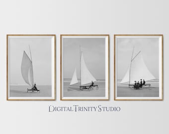 Vintage Land Yacht Triptych | Sailboats | Antique Black & White Print Set | 3 Panel Victorian Beach Scene | Digital Download | Wall Decor