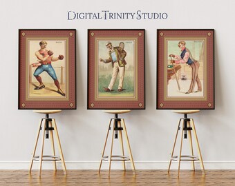 Allen Ginter World Dudes Sports Bundle | 1800s Boxing, Tennis & Billiards Prints | Vintage Sports Wall Art Set of 3 | Sports Decor Prints