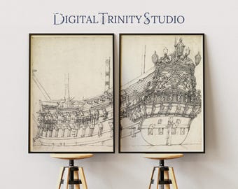 Dutch Ship Diptych | 1600s Graphite Sketch Nautical Print | 2 Panel Vintage Maritime Wall Art | Digital Download Decor | Wall Decor Art