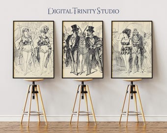 Set 2 - French Dancers Triptych | 1800s Vintage Dance Prints | Romantic Ballet & Ballroom Wall Art Set of 3 | Antique Line Art Decor