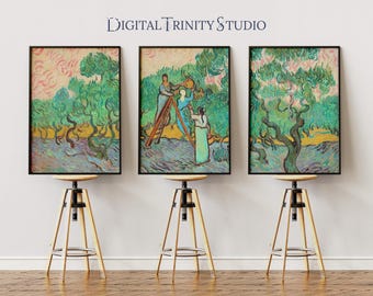 Van Gogh Triptych | Women Picking Olives 3 Panel Wall Art | Vintage Impressionist Digital Prints | Colorful Oil Painting Decor | Decorative