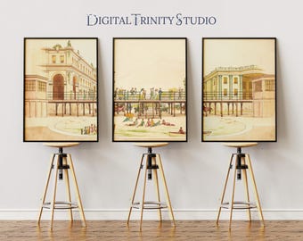 Vintage Boardwalk Triptych | 3 Panel Coastal Wall Art | Antique Colorized Beach Scene | Digital Download Prints | Nautical Sketch Decoration