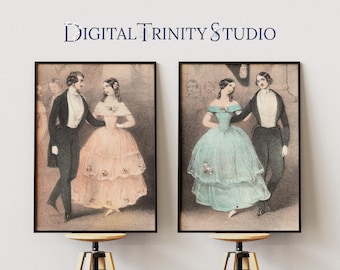 Dancing Couples Lithograph Diptych | 1800s Ballroom Dance | Romantic Victorian Wall Art Set of 2 Prints | Lithograph Decor | Dress & Tuxedo