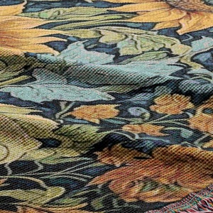 William Morris Style, Sunflowers, Earthy Tones, Yellow, Theme, Garden, Flower, Vintage, Botanical, Art, Cotton, Woven Blanket, USA