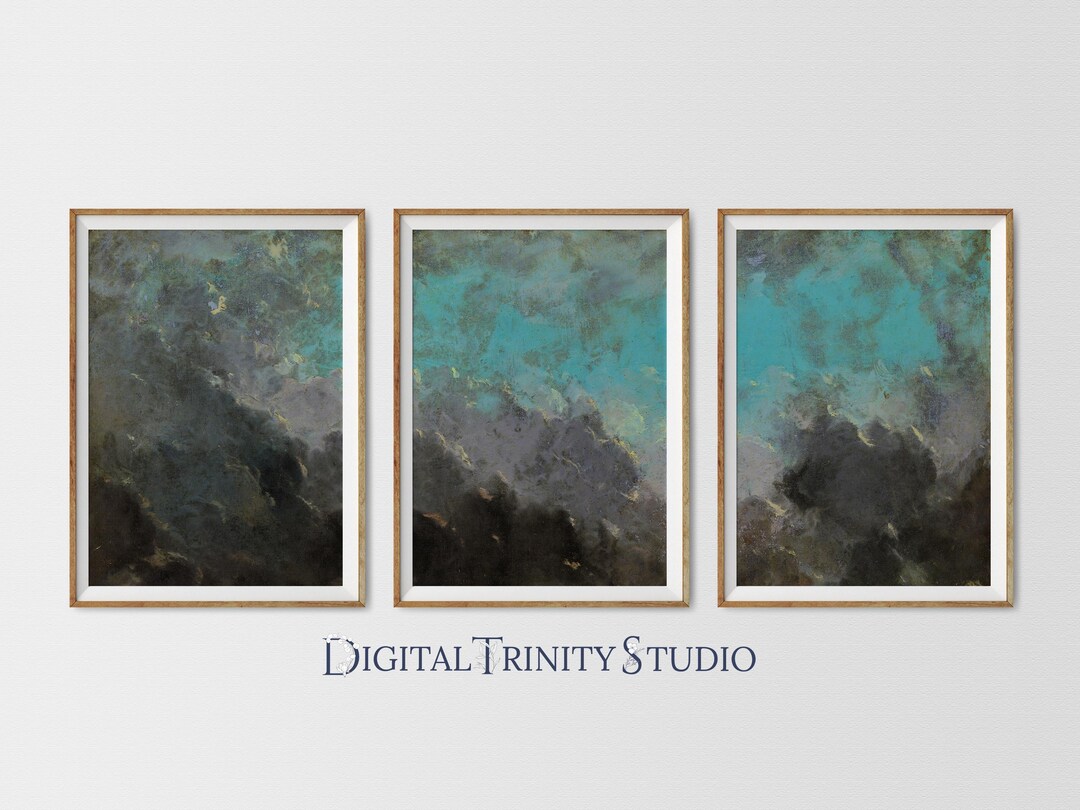 Moody Sky Triptych | Vintage Cloud Wall Art | 3 Panel Oil Painting ...