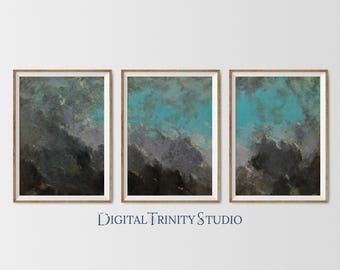 Moody Sky Triptych | Vintage Cloud Wall Art | 3 Panel Oil Painting Style Skies | Digital Download Prints | Story Sea Clouds | Mood Wall Art