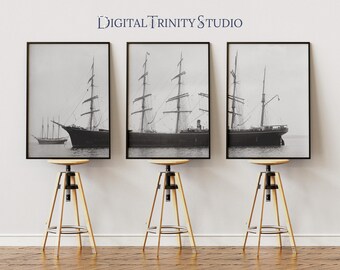 Sailboat Triptych Wall Art | Vintage Nautical Print | 3 Panel Black & White Maritime Scene | Digital Download Coastal Decor | Seaside Photo