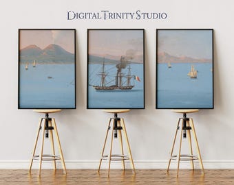 Bay of Naples Triptych | Vintage Italian Gouache Painting | 3 Panel Coastal Sailboat Seascape | Digital Download Wall Art | Italy Wall Decor