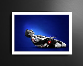May include: A framed print of a soccer player in a black and white striped jersey, celebrating a goal. The player is kneeling on a blue background with arms outstretched and mouth open. The artwork is a stylized illustration.