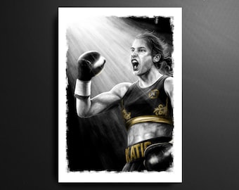 May include: Monochrome illustration of a female boxer celebrating a victory. The image shows a boxer in a black and gold outfit, with the name "KATIE" on the shorts. The artwork is detailed, capturing the intensity of the sport.