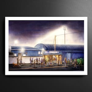 May include: A watercolor painting of a group of people standing outside a building with a sign that reads "The Townhouse FC". The building is blue and white and has a large floodlight shining on it. The people are wearing casual clothing and some are holding dogs.