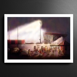 May include: A digital painting of a stadium at night with a spotlight shining on the field. There are people standing in front of the stadium entrance.