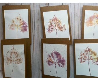 Handprinted Autumn Leaf Cards - Metallic Watercolor - Leaf Prints- Set of 2 - Thanksgiving Cards - Fall Greetings