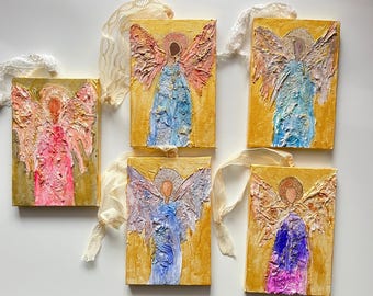Originales Engel-Ornament aus Mischtechnik, strukturierte Leinwandkunst, handgefertigte Wanddekoration (4x6)
