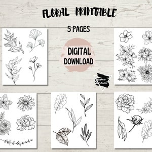 Printable Black and White Simple Line Drawn Florals and Botanicals DIY Collage, Tracing, and Crafting image 1