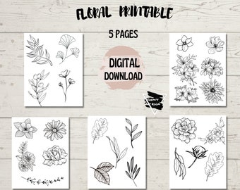 Druckbare schwarze und weiße einfache Linie gezeichnete Blumen und Botanicals - DIY Collage, Tracing und Crafting