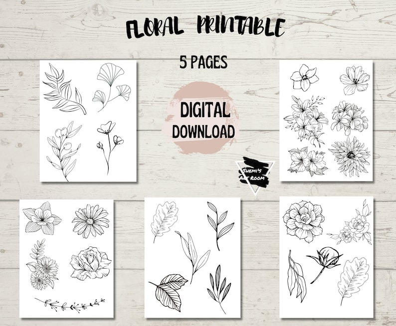 Printable Black and White Simple Line Drawn Florals and Botanicals DIY Collage, Tracing, and Crafting image 1