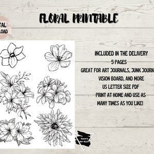 Printable Black and White Simple Line Drawn Florals and Botanicals DIY Collage, Tracing, and Crafting image 3