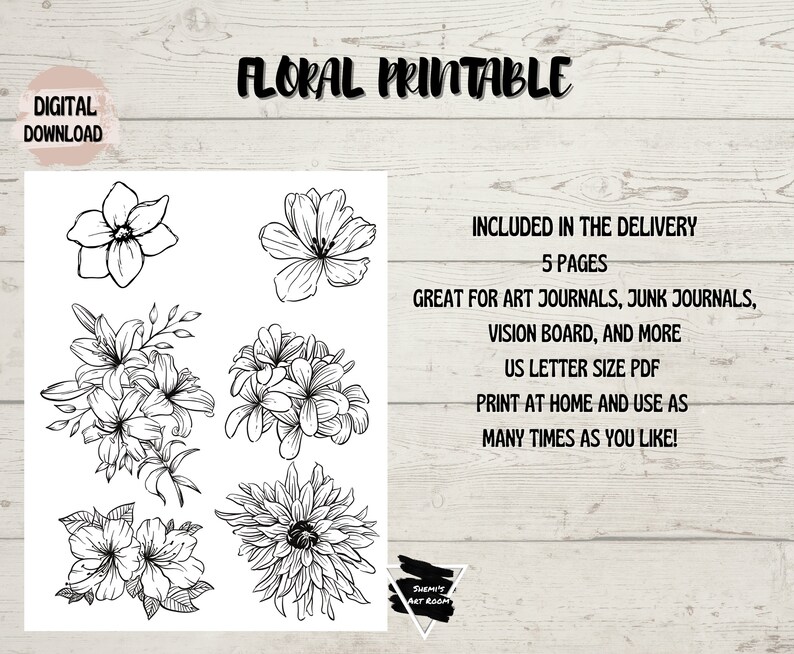 Printable Black and White Simple Line Drawn Florals and Botanicals DIY Collage, Tracing, and Crafting image 3