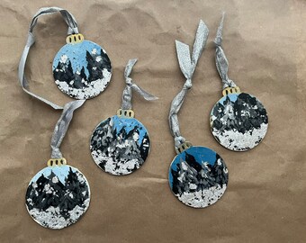 Hand-Painted Winter Trees Wooden Ornaments - Whimsical Silver Leaf Decor