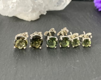 Genuine faceted Moldavite earrings 4mm, 6mm, 7mm round with Certificate of Authenticity