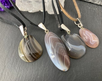 Agate Pendant: Botswana Stone Necklace (Sterling Silver, Leather Cord)