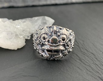 Sterling Silver Barong Mask Ring – Balinese Demon Ring – Handmade Tribal Statement Jewelry for Men