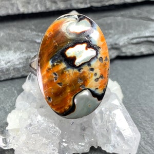 May include: A silver ring with an oval-shaped gemstone. The gemstone is a mix of brown, white, and black with a swirling pattern.