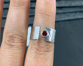 Sterling Silver Garnet Ring: Wide Band, Boho Statement Style - Ring size 7.25