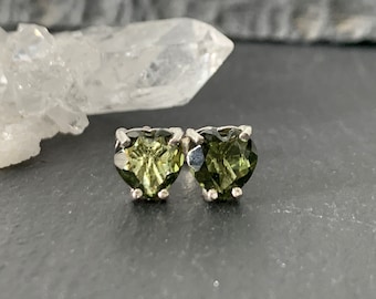 Moldavite Stud Earrings, Heart Shaped, Olive Green (Sterling Silver)