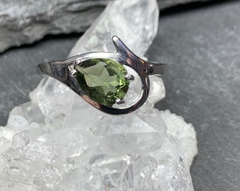 Faceted Moldavite Ring - Olive Green Stone in Sterling Silver