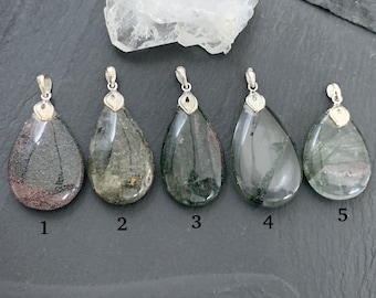 Green Phantom Quartz Pendant - Natural Crystal with Silver Bail