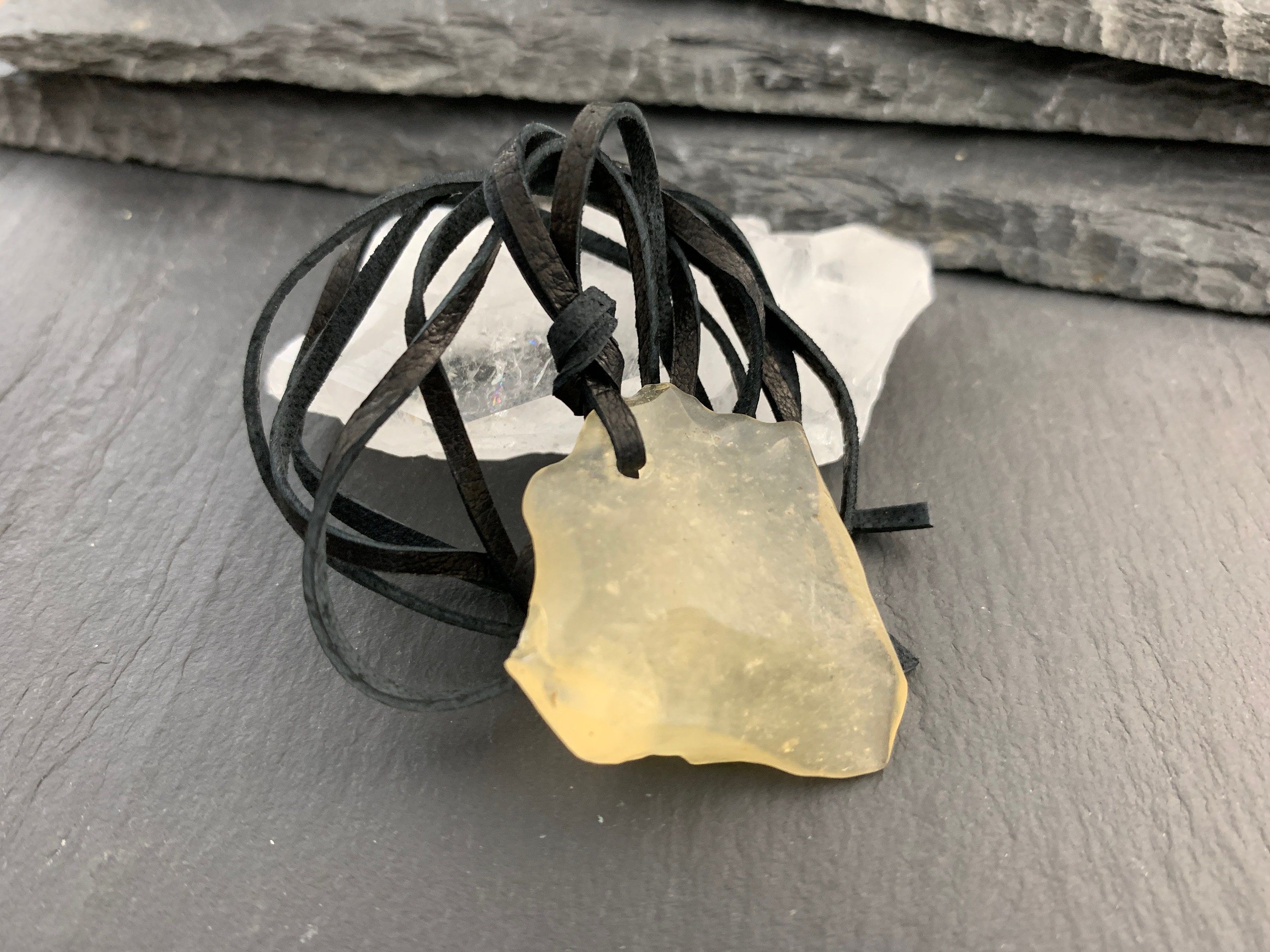 Libyan Desert Glass Pendant: Natural Yellow Tektite Leather