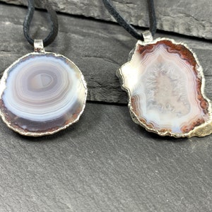 Silver Plated Agate Pendant: Natural Stone Slice on Leather Cord