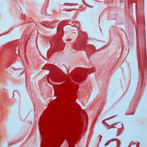 May include: A red and white painting depicting a woman in a red dress, with a larger, faded face behind her. The artwork is signed "David del Villa 2025" and features the numbers "526" in red.