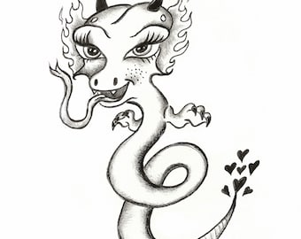 LADY DRAGON Drawing Tattoo Flash Design Fantasy Mystical Creature Slithery Tongue Lowbrow Pop Surrealism Illustration Pencil and Ink Tatsu