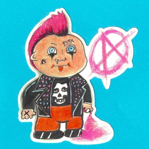 May include: A punk-themed illustration of a cartoon character with a pink mohawk, black eyeliner, and the word "punk" tattooed on the forehead. The character wears a black jacket with studs, an orange shirt, and orange pants. A pink anarchy symbol is next to the character.