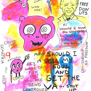 Puede incluir: Una obra de arte colorida y dibujada a mano con varios elementos de texto y figuras de dibujos animados. La imagen incluye una oveja rosa, una jeringa y una figura que se asemeja a un oso con ojos en espiral. El texto incluye frases como "Puppet Master".