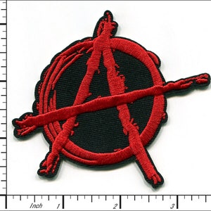 May include: Embroidered patch featuring the anarchy symbol, a red "A" inside a circle, with a red line through it, on a black background. The patch measures approximately 7.6 cm by 7.6 cm.