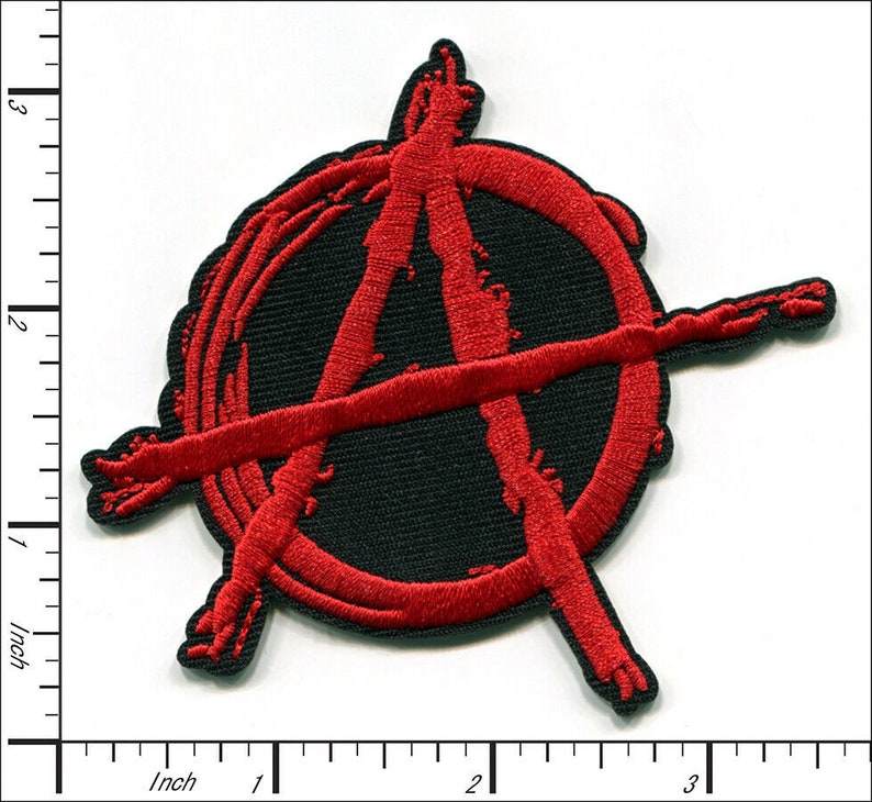 May include: Embroidered patch featuring the anarchy symbol, a red "A" inside a circle, with a red line through it, on a black background. The patch measures approximately 7.6 cm by 7.6 cm.