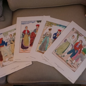 Lot of 4  Porchoir Handcolored Prints of Historical Fashion de Espana, Juan D&#39;Ivori 1936 Barcelona Cataluna Region of Spain